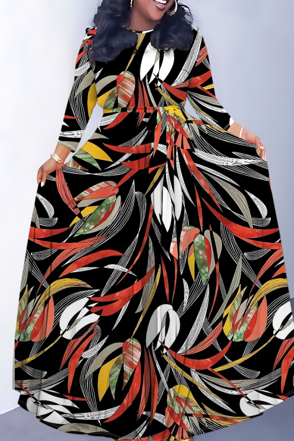 Black Casual Leaf Print Basic O Neck Long Dresses