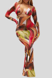Red Sexy Print Hollow Out Patchwork Strap Design Asymmetrical Collar Long Sleeve Three Pieces