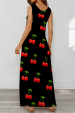 Black Casual Fruit Print Pocket U Neck Printed Dresses