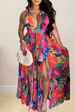 Rose Red Elegant Print Patchwork Backless High Slit Ruched Strap Design Deep V Neck A Line Dresses