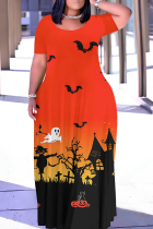 Tangerine Red Casual Print Basic O Neck Long Plus Size Dresses