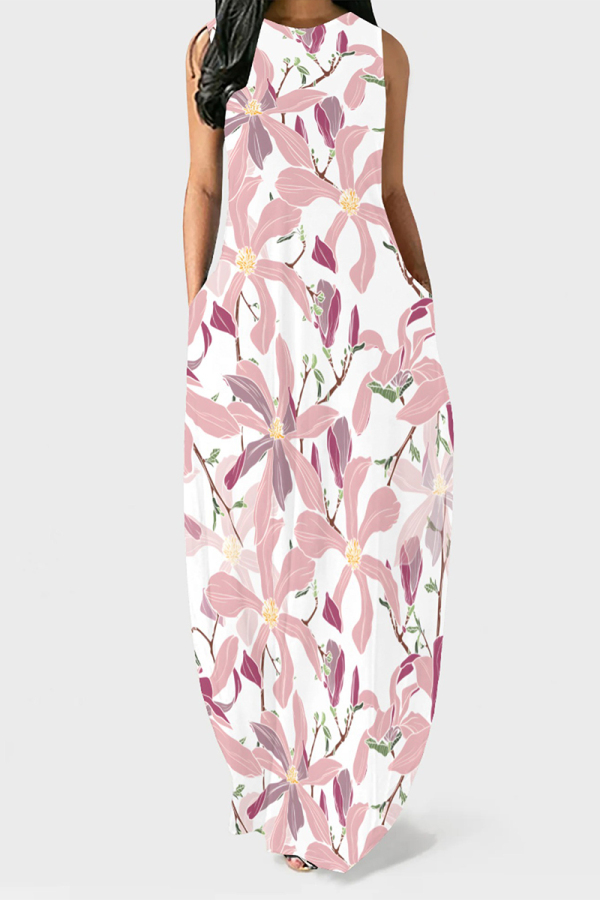 White Pink Casual Floral Print Pocket O Neck Printed Dresses