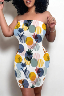 White Sexy Geometric Print Contrast Strapless Printed Dresses