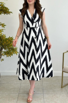 White Elegant Stripe Patchwork V Neck A Line Dresses