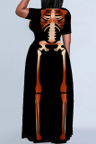 Black Orange Casual Print Basic O Neck Long Plus Size Dresses