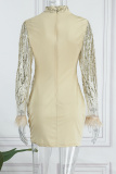 Silver Sexy Patchwork Sequins See-Through Half A Turtleneck Long Sleeve Dresses