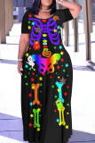 Black Orange Casual Print Basic O Neck Long Plus Size Dresses