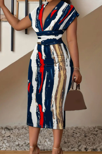 Navy Blue Celebrities Stripe Patchwork Deep V Neck Wrapped Skirt Plus Size Dresses