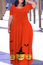 Orange Casual Print Basic O Neck Long Plus Size Dresses