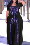 Black Orange Casual Print Basic O Neck Long Plus Size Dresses