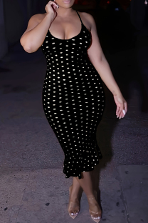 Black Sexy Polka Dot Patchwork Backless Spaghetti Strap Sling Plus Size Dresses