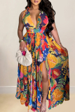 Rose Red Elegant Print Patchwork Backless High Slit Ruched Strap Design Deep V Neck A Line Dresses