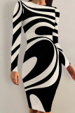 Black And White Striped Print Contrast O Neck Printed Dresses