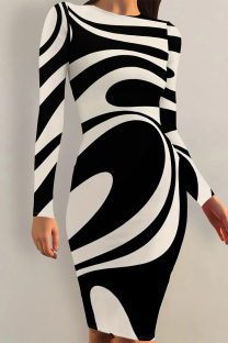 Cream White Striped Print Contrast O Neck Printed Dresses