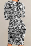 Black And White Striped Print Contrast O Neck Printed Dresses