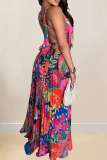 Rose Red Elegant Print Patchwork Backless High Slit Ruched Strap Design Deep V Neck A Line Dresses