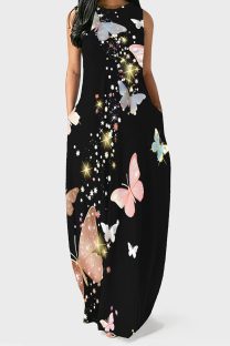 Black Pink Casual Print Pocket Patchwork O Neck Long Dresses
