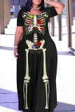 Black Orange Casual Print Basic O Neck Long Plus Size Dresses
