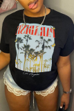 Black Casual Street Letter Print Landscape printing O Neck T-Shirts
