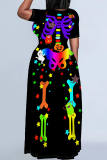 Black Orange Casual Print Basic O Neck Long Plus Size Dresses