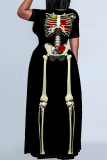 Black Orange Casual Print Basic O Neck Long Plus Size Dresses