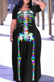 Black Orange Casual Print Basic O Neck Long Plus Size Dresses