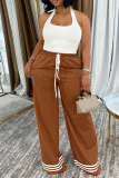 Green Casual Stripe Draw String Pocket Patchwork Contrast Loose Mid Waist Wide Leg Patchwork Bottoms