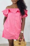 Pink Casual Solid Color Patchwork Off Shoulder One Step Skirt Short Sleeve Dress