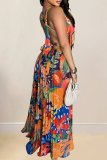 Rose Red Elegant Print Patchwork Backless High Slit Ruched Strap Design Deep V Neck A Line Dresses