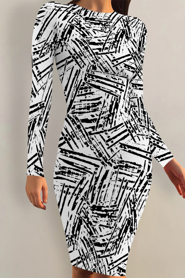 Black And White Striped Print Contrast O Neck Printed Dresses
