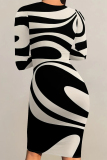 Black And White Striped Print Contrast O Neck Printed Dresses