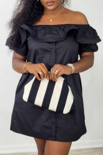 Black Casual Solid Color Patchwork Off Shoulder One Step Skirt Short Sleeve Dress