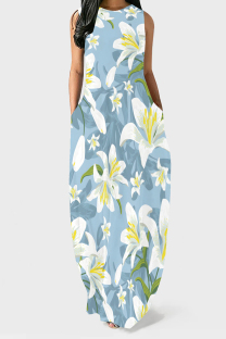 Blue White Casual Floral Print Pocket O Neck Printed Dresses