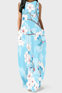 Sky Blue Casual Print Pocket Patchwork O Neck Long Dresses