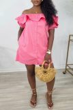 Pink Casual Solid Color Patchwork Off Shoulder One Step Skirt Short Sleeve Dress