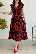 Red Elegant Stripe Patchwork V Neck A Line Dresses