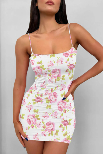 White Pink Sexy Flowers Print Contrast Printed Dresses