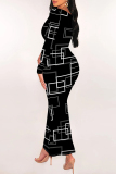 Black Casual Geometric Print Snakeskin Print Contrast O Neck One Step Skirt Dresses