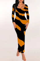 Black Yellow Casual Geometric Print Snakeskin Print Contrast O Neck One Step Skirt Dresses