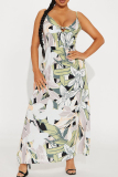 White Elegant Print Patchwork Backless Spaghetti Strap Sling Plus Size Dresses