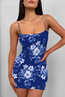 Dark Blue Sexy Flowers Print Contrast Printed Dresses