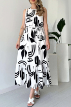 White Elegant Print Patchwork O Neck Long Dresses