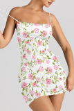 White Sexy Flowers Print Contrast Printed Dresses
