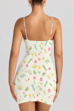 White Sexy Flowers Print Contrast Printed Dresses