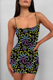 White Sexy Flowers Print Contrast Printed Dresses