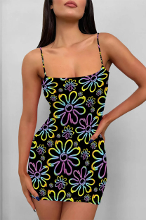 Black Sexy Flowers Print Contrast Printed Dresses