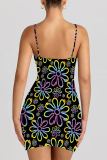 White Sexy Flowers Print Contrast Printed Dresses