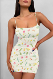 White Sexy Flowers Print Contrast Printed Dresses