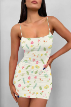 Cream White Sexy Flowers Print Contrast Printed Dresses