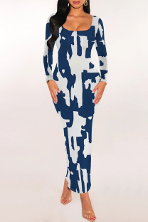 Blue White Casual Geometric Print Snakeskin Print Contrast O Neck One Step Skirt Dresses